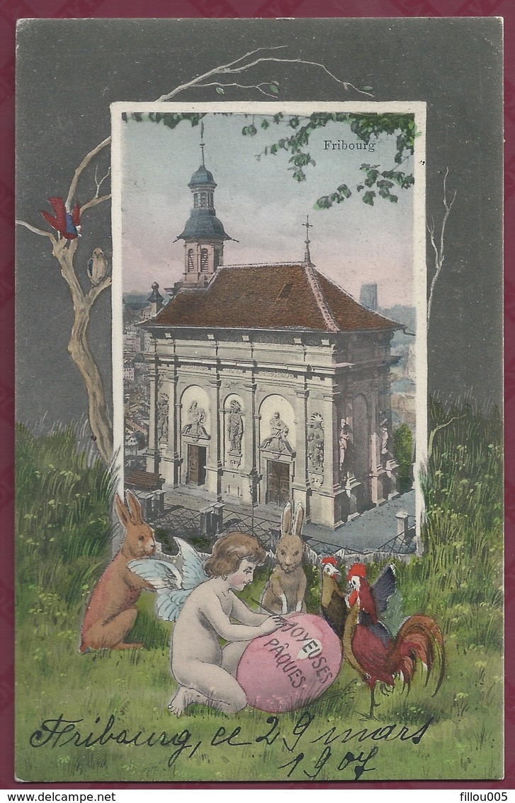 SUISSE..FRIBOURG..JOYEUSES PÂQUES..ANIMEE....ANGE..EGLISE...COQ..LAPIN......C3385 - Pâques