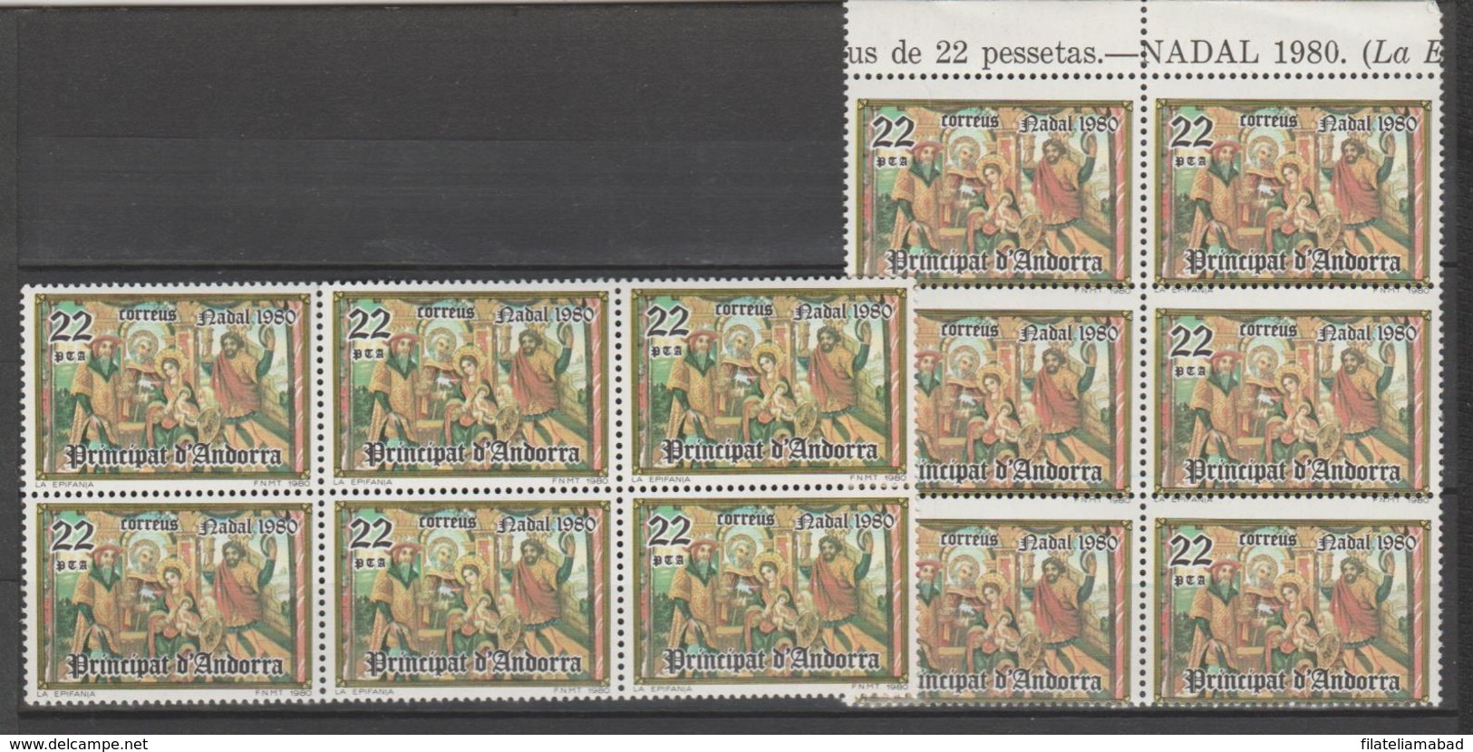 ANDORRA C.ESPAÑOL  2  BLOQUES DE 6 SELLOS  DISTINTO COLOR UNO DE LOS BLOQUES TALADRO DESPLAZADO (S.2) - Nuevos