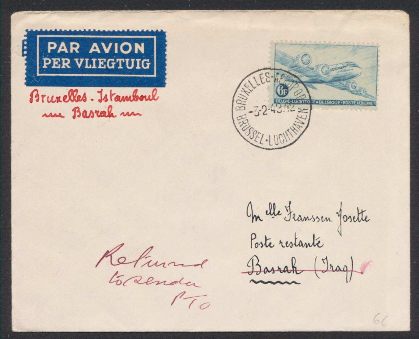 Poste Aérienne - PA8 Sur Lettre Par Avion De Bruxelles - Aéroport (1949) Vers Basrak (Iraq) / Bruxelles - Istanbul, Reto - Autres & Non Classés