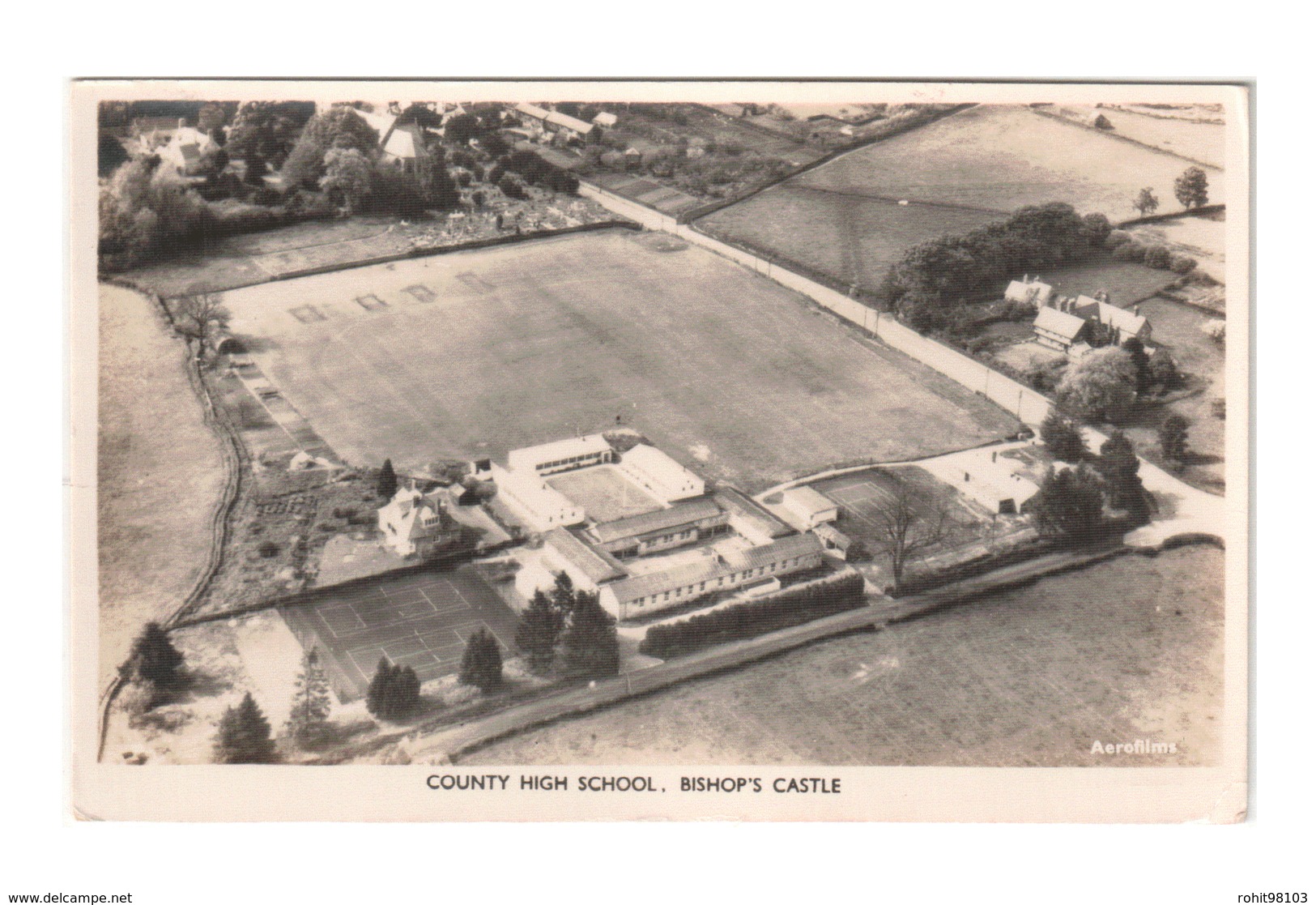 Real Photo Aerial Printof County High School, Bishop's Castle, Shropshire, England, Lot # ETS 1571 - Schools