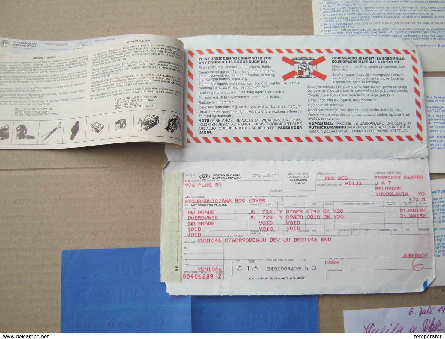 JAT YUGOSLAV AIRLINES / Belgrade - Dubrovnik, 1990. - Passenger Ticket And Baggage Check ( LOT ) - Biglietti