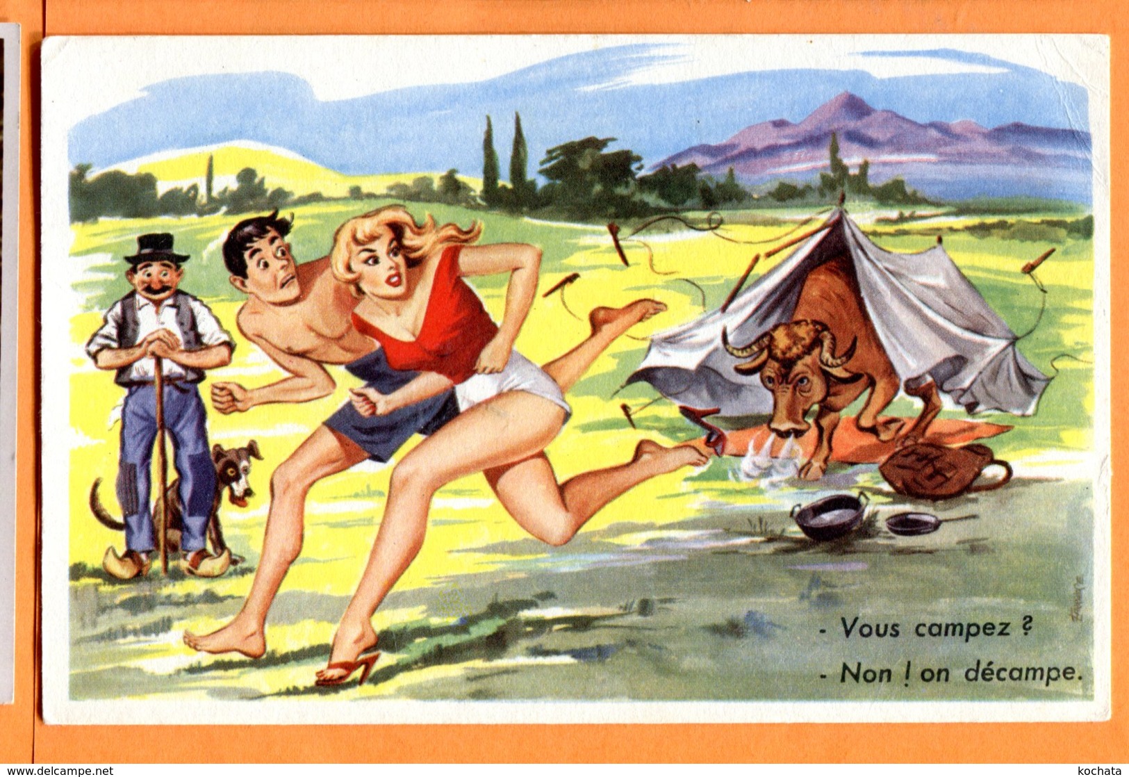 OLI069, Camping, Berger, Taureau, Gag, 482, Non Circulée - Humour