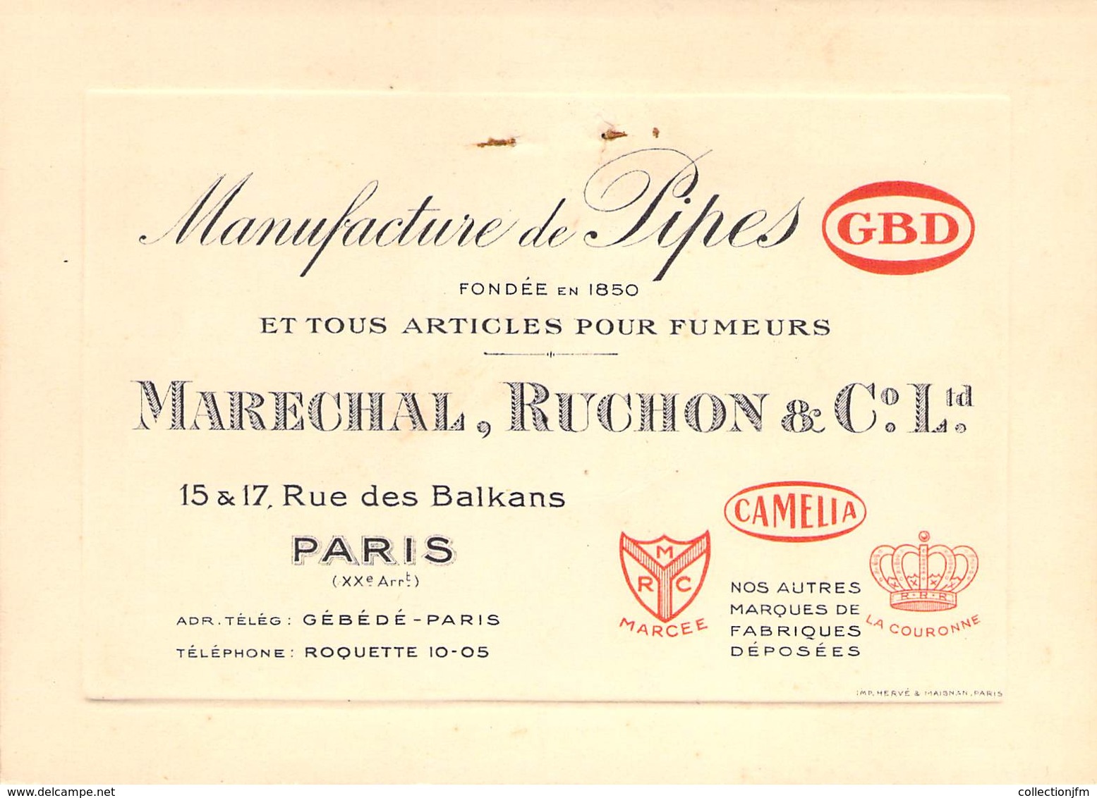 CPA / CARTE DE VISITE FRANCE 75020 "Paris, Manufacture De Pipes, MARECHAL RUCHON " - Distrito: 20