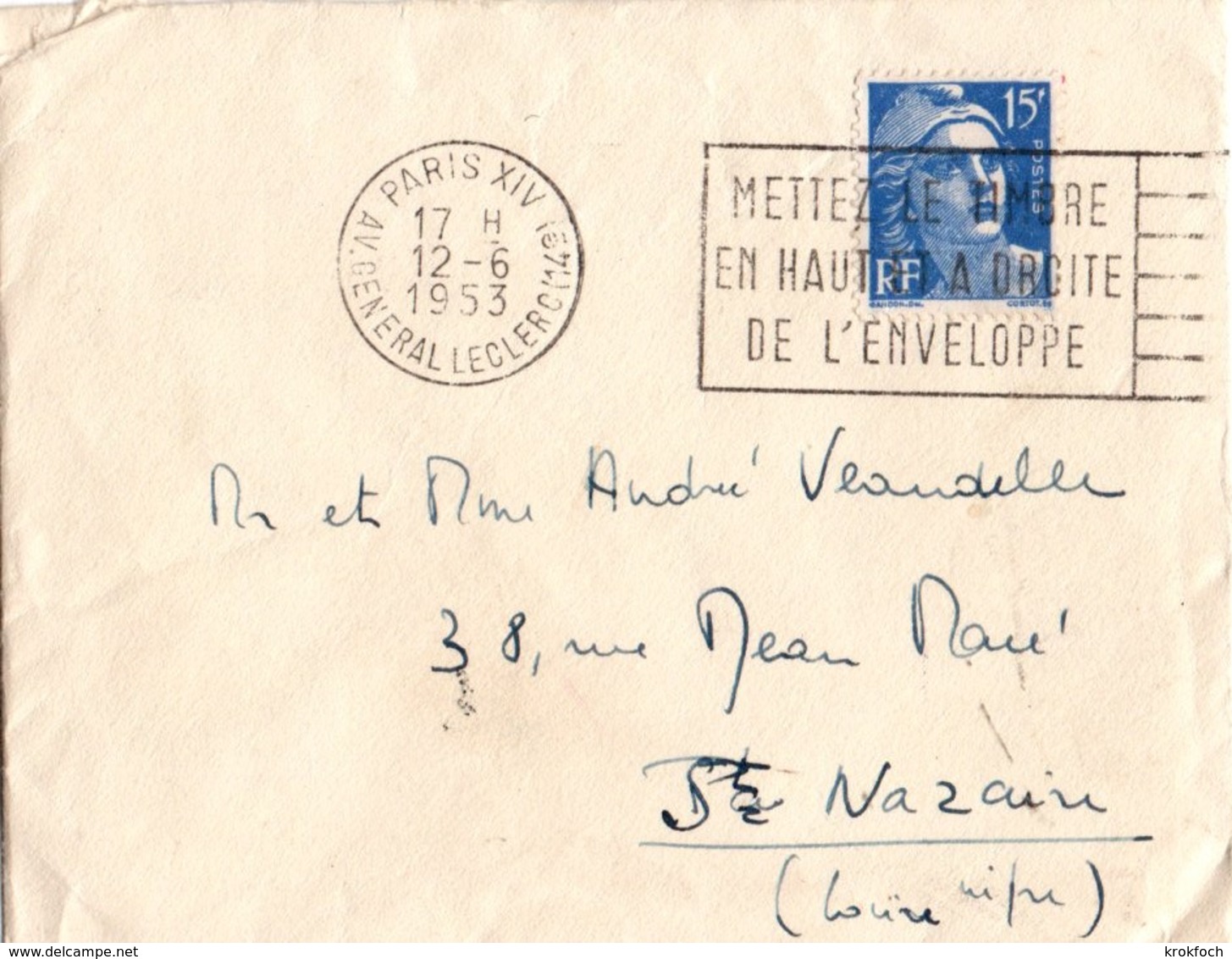 Paris XIV Av. Général Leclerc - 1953 - Flamme Mettez Le Timbre ... Sur Gandon - Mechanical Postmarks (Advertisement)