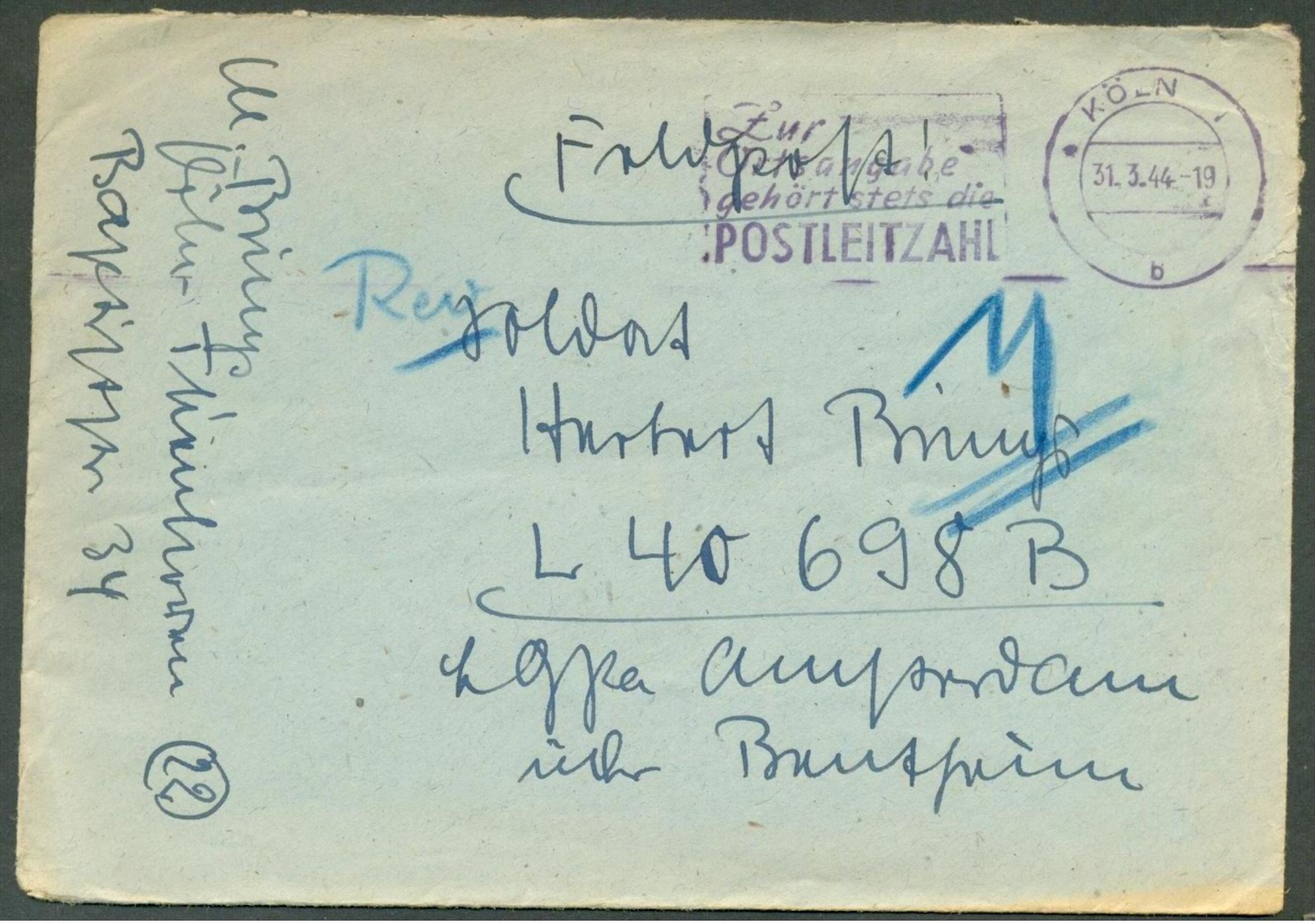 GERMANY KOLN 1944 COVER 41532 POSTAL STATIONERY SLOGAN CANCELLATION FPO - Other & Unclassified