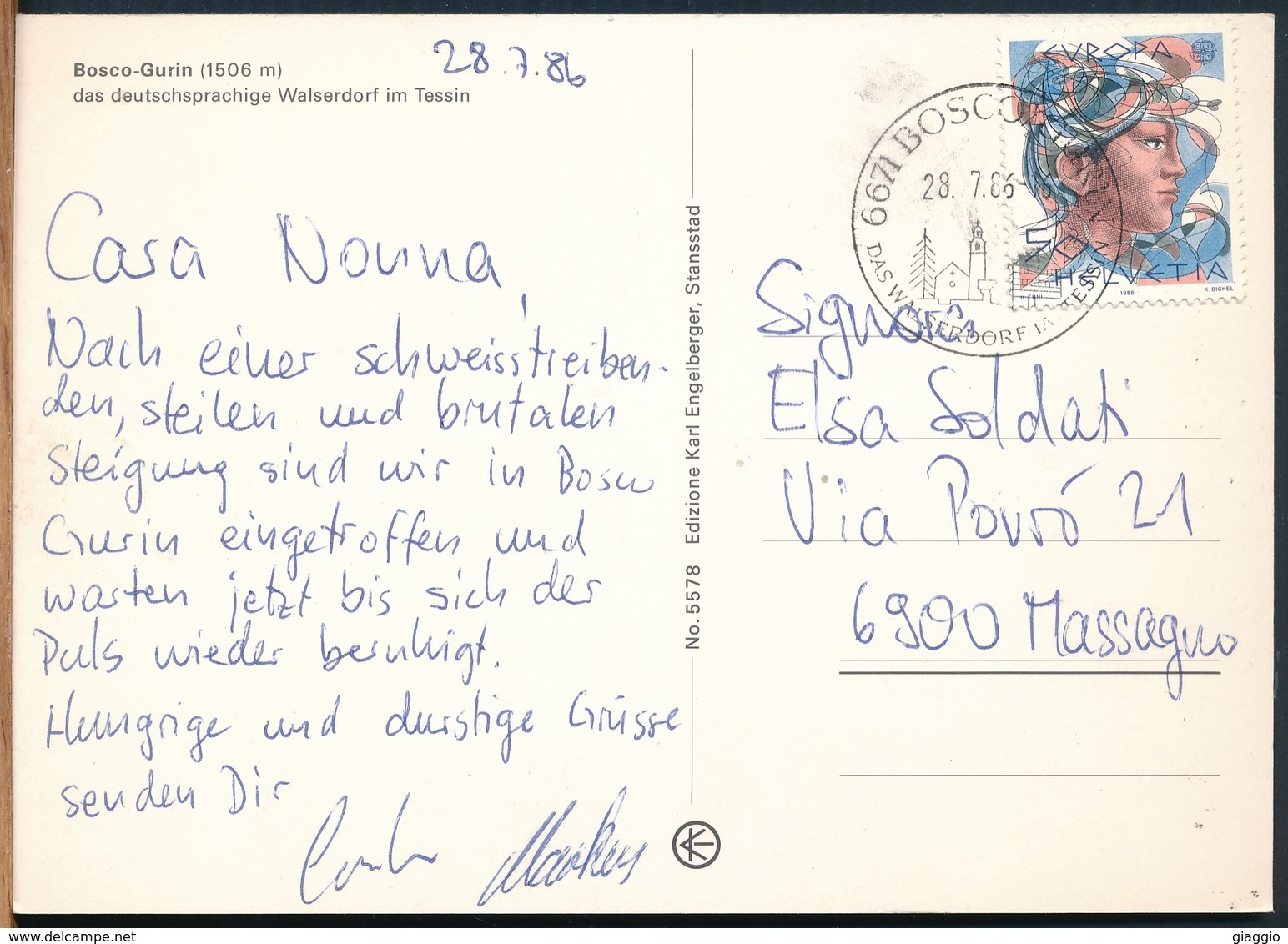 °°° 16076 - SVIZZERA - TI - BOSCO GURIN - WALSERDORF - 1986 With Stamps °°° - Bosco/Gurin