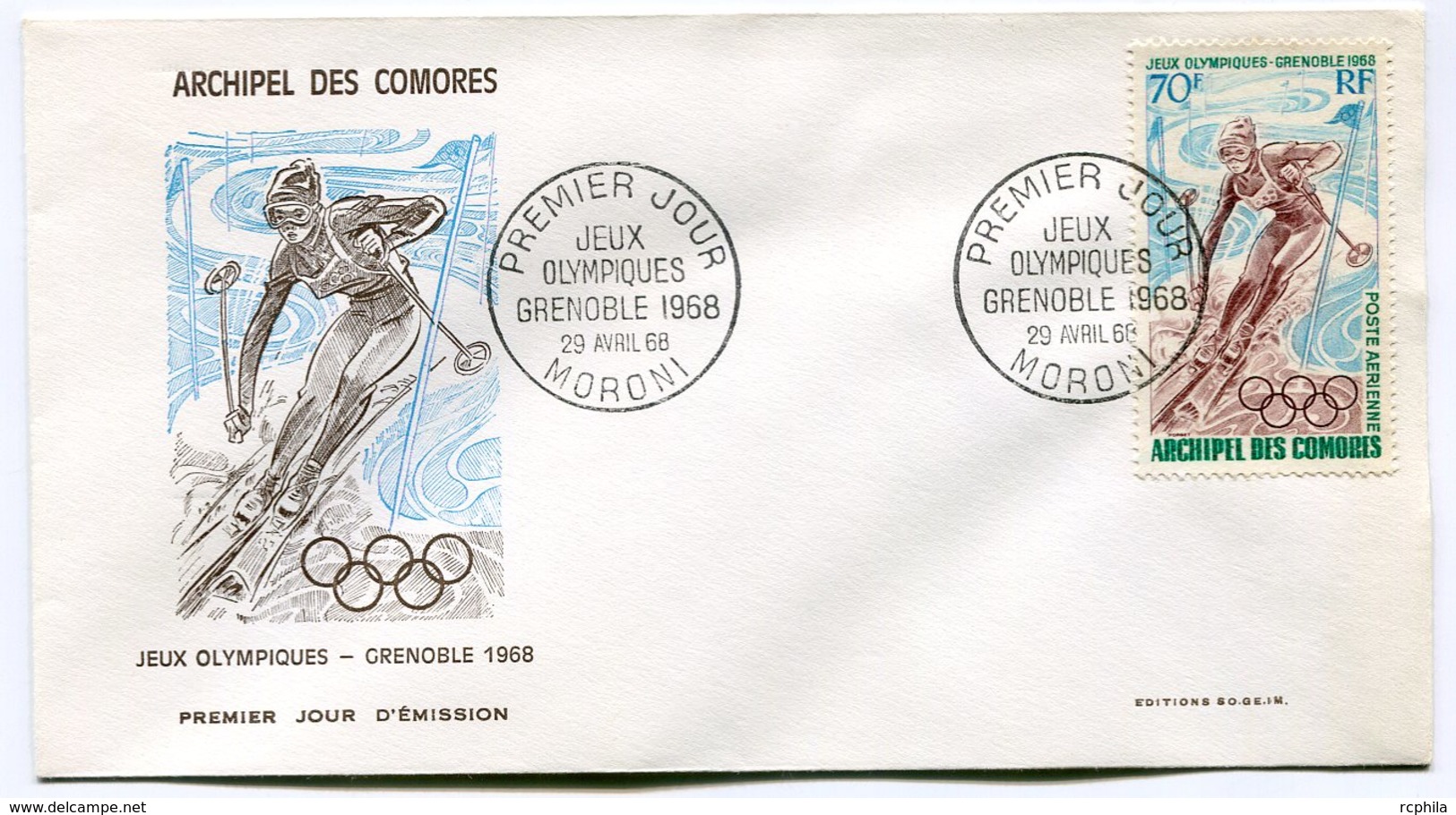 RC 15081 COMORES 1968 JEUX OLYMPIQUES DE GRENOBLE SKI 1er JOUR FDC - Storia Postale