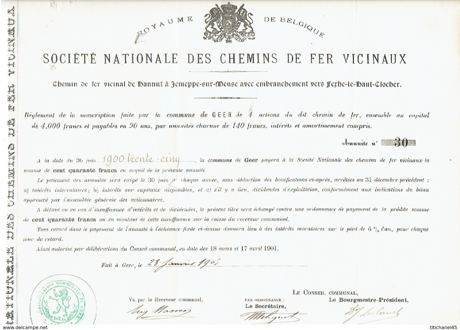 Action De 1901 Commune De GEER Pour Le CHEMIN DE FER VICINAL DE HANNUT à JEMEPPE-SUR-MEUSE Vers FEXHE-LE-HAUT-CLOCHER - Spoorwegen En Trams