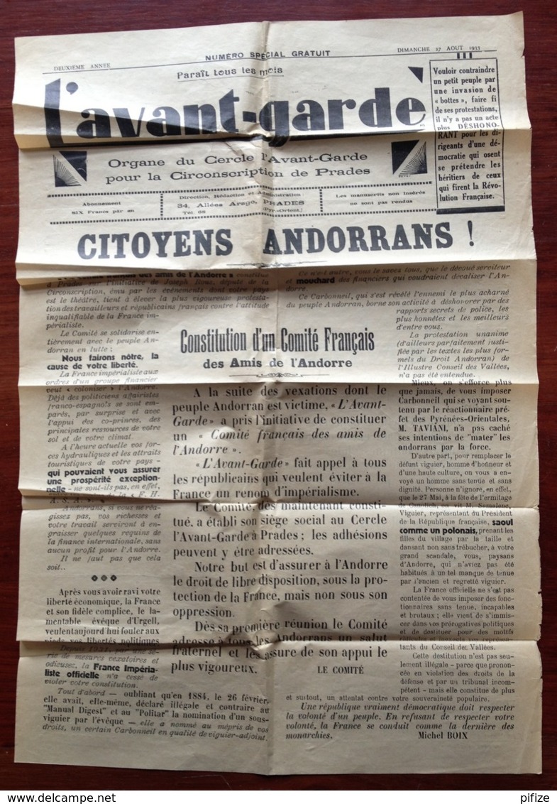 (Andorre) Bande Pour Journaux 1933 Affranchie à 46 C Pour La France . Journal Socialiste L'Avant-Garde , Prades . - Cartas & Documentos