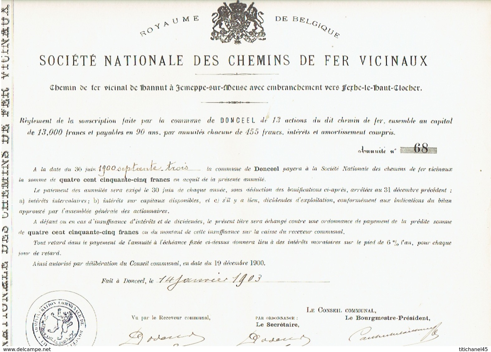 Action De 1903 Commune De DONCEEL Pour Le CHEMIN DE FER VICINAL DE HANNUT à JEMEPPE-SUR-MEUSE Vers FEXHE-LE-HAUT-CLOCHER - Chemin De Fer & Tramway