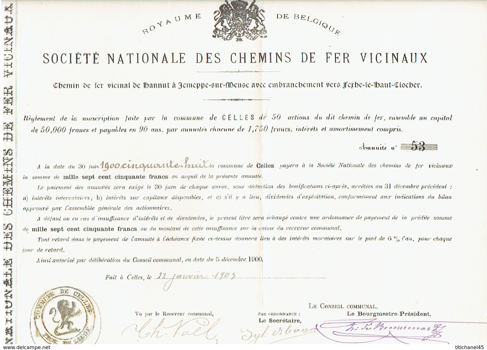 Action De 1903 Commune De CELLES Pour Le CHEMIN DE FER VICINAL DE HANNUT à JEMEPPE-SUR-MEUSE Vers FEXHE-LE-HAUT-CLOCHER - Chemin De Fer & Tramway