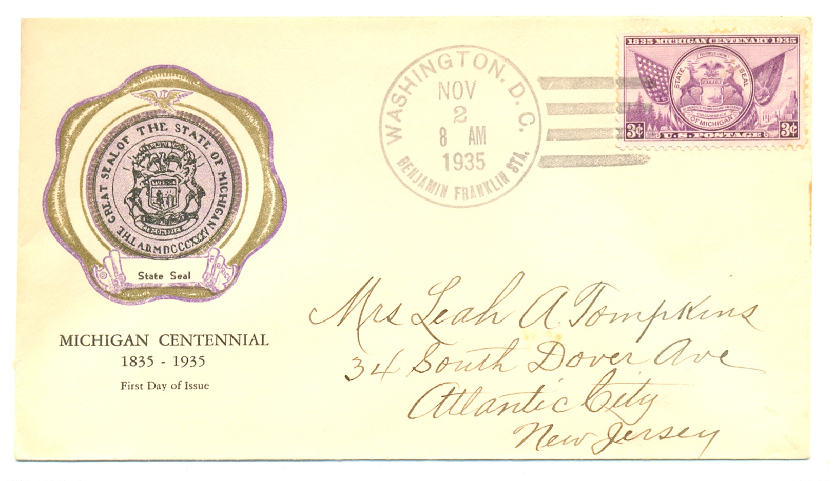 USA DC WASHINGTON TO NJ 1935 FIRST DAY COVER 43117 SC 775 MICHIGAN STATE SEAL - Poststempel
