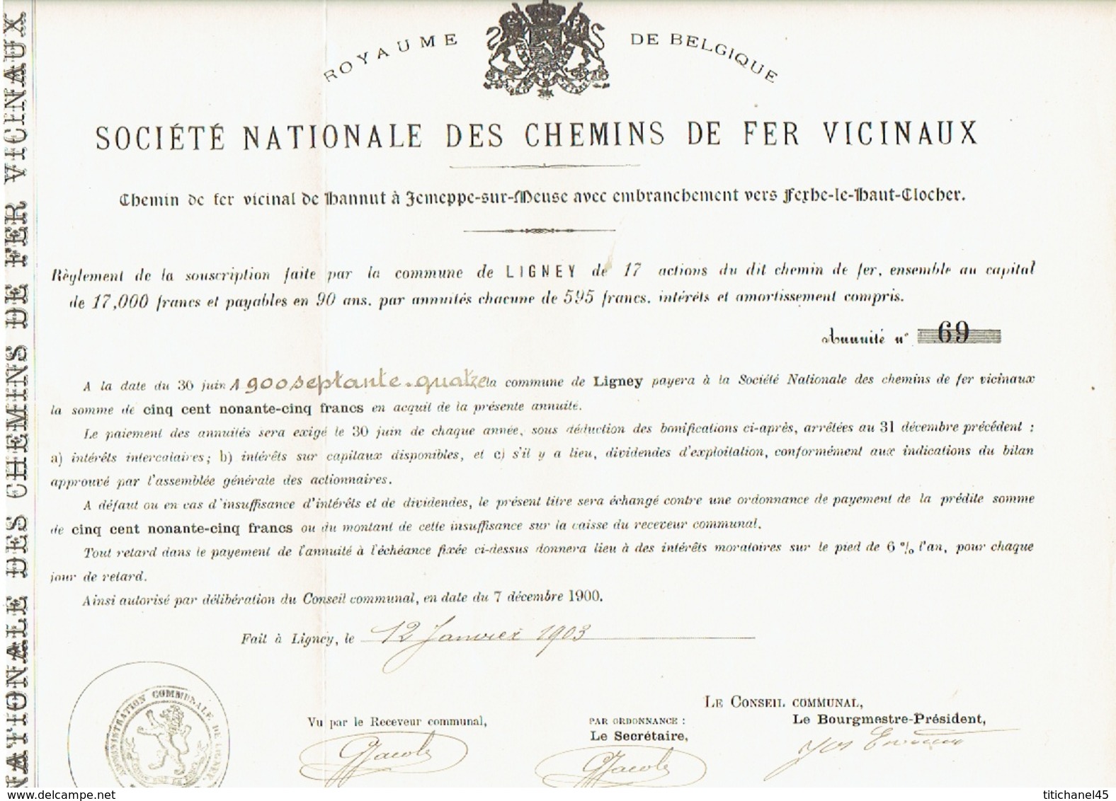 Action De 1903 Commune De LIGNEY Pour Le CHEMIN DE FER VICINAL DE HANNUT à JEMEPPE-SUR-MEUSE Vers FEXHE-LE-HAUT-CLOCHER - Spoorwegen En Trams