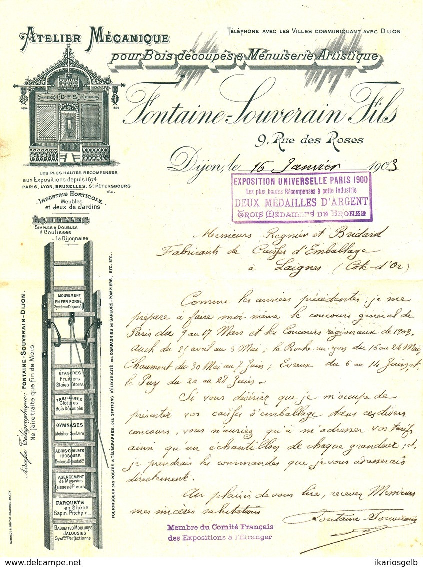 Facture Decorative 1903 Dijon ( Cote D'Or ) " FONTAINE-SOUVERAIN Atelier Pour Bois Decoupes & Menuiserie Artistique " - Transportmiddelen