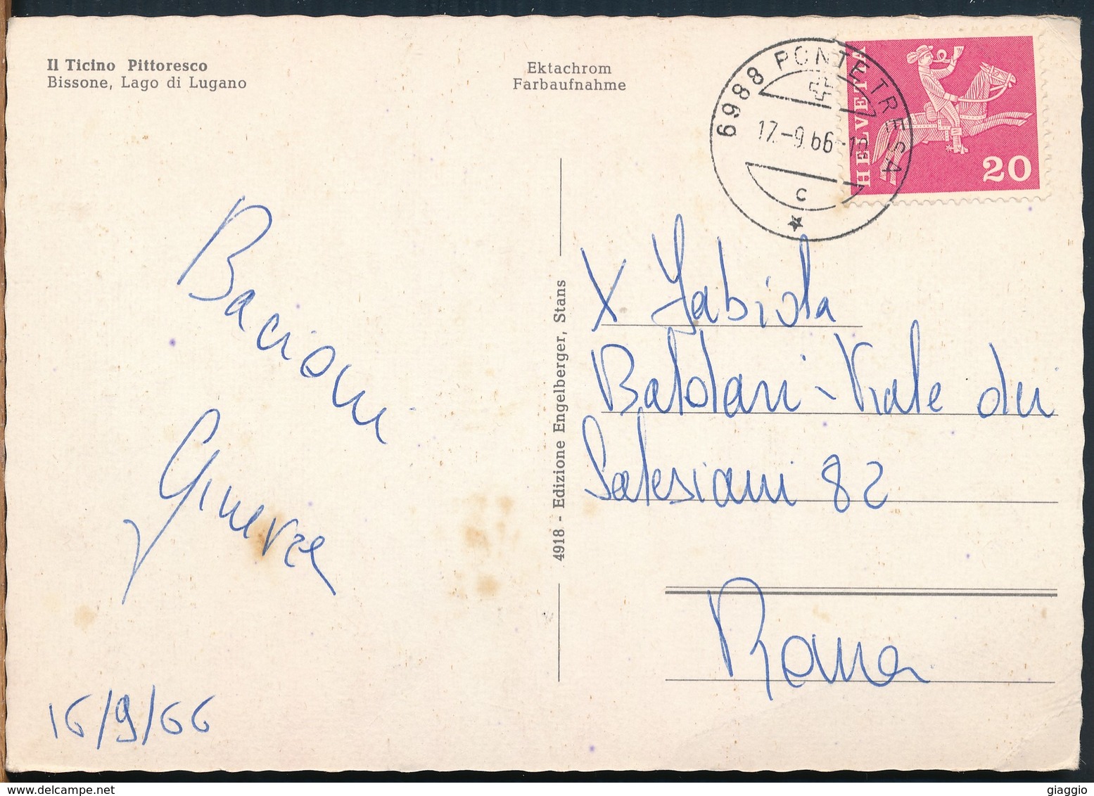 °°° 16096 - SVIZZERA - TI - BISSONE , LAGO DI LUGAO - 1966 With Stamps °°° - Bissone