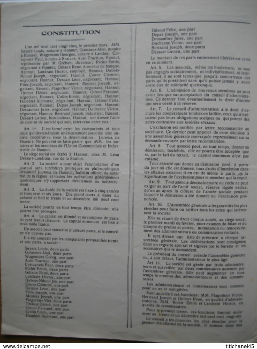 1934 - JOURNAL DE HANNUT - ACTION DE 100 FRANCS - Exploitation D'un Journal, Bulletin Officiel Du Notariat De La Région - Andere & Zonder Classificatie