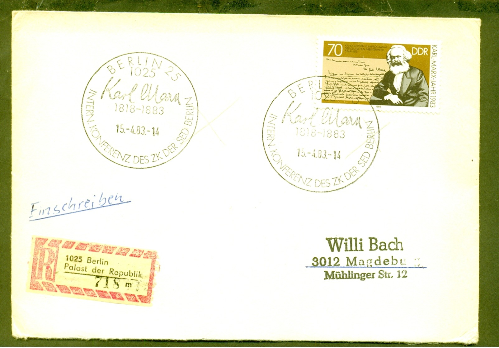 GERMANY BERLIN TO MAGDEBURG 1983 REGD COVER 46469 SC# 2337 KARL MARX MOVEMENT - Autres & Non Classés