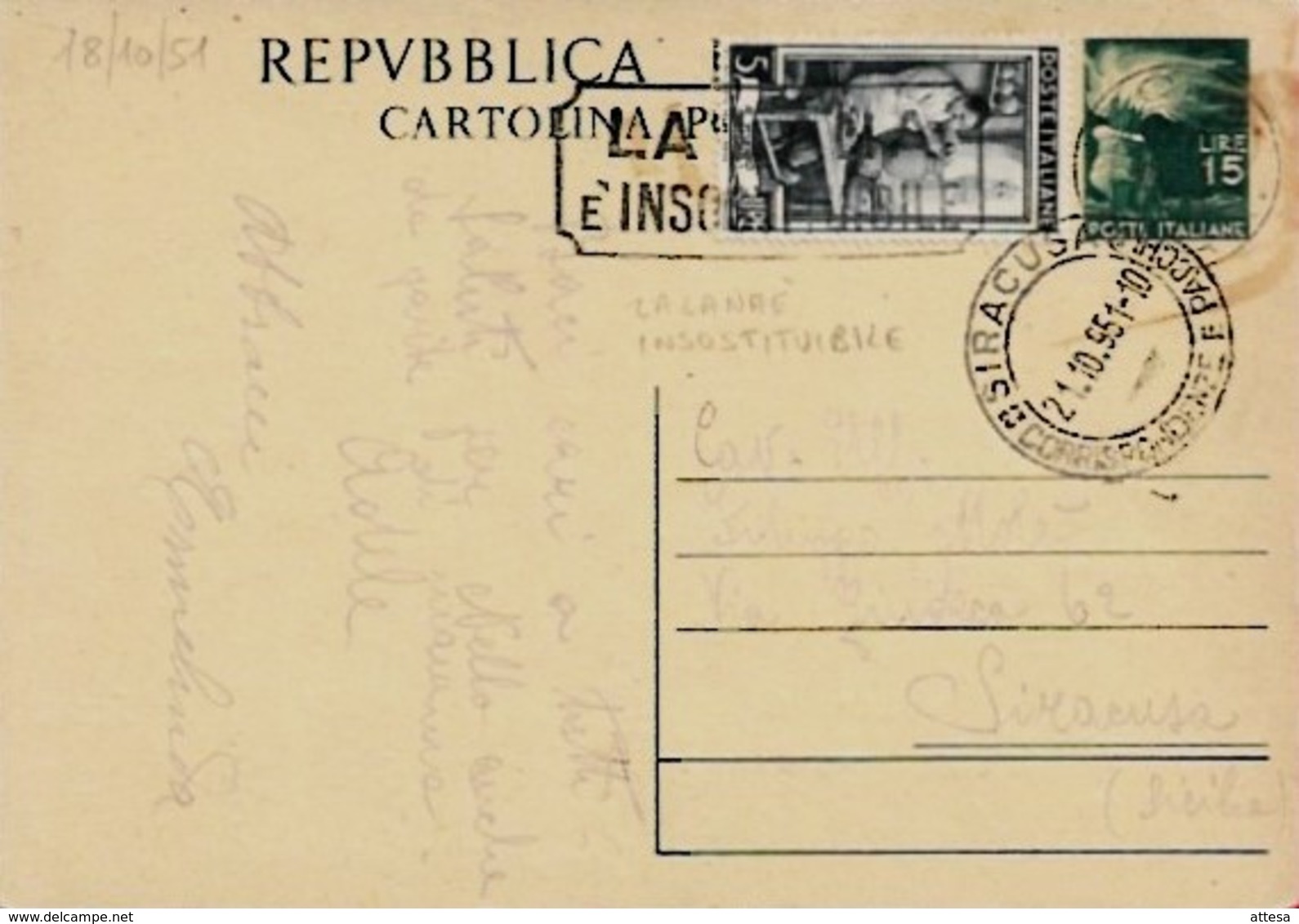 Intero C141 ; Roma 18-10-1951 Per Siracusa ; Timbro A Targhetta LA LANA E' INSOSTITUIBILE - Stamped Stationery