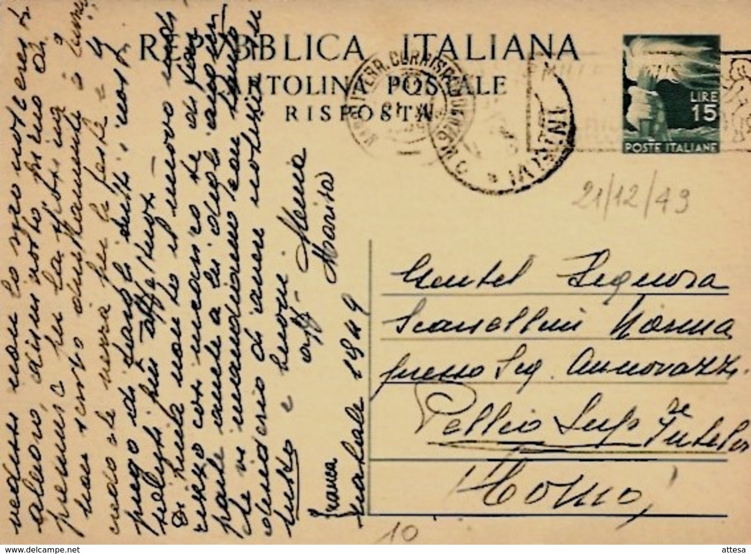 Intero C142 ; Napoli 21-12-1949 ; RISPOSTA - Interi Postali