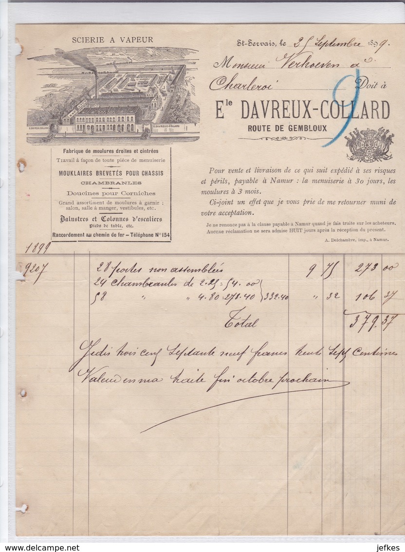 St- Servais   1899.E. Davreux-Collard Scierie à Vapeur. Route De Gembloux - Documents Historiques