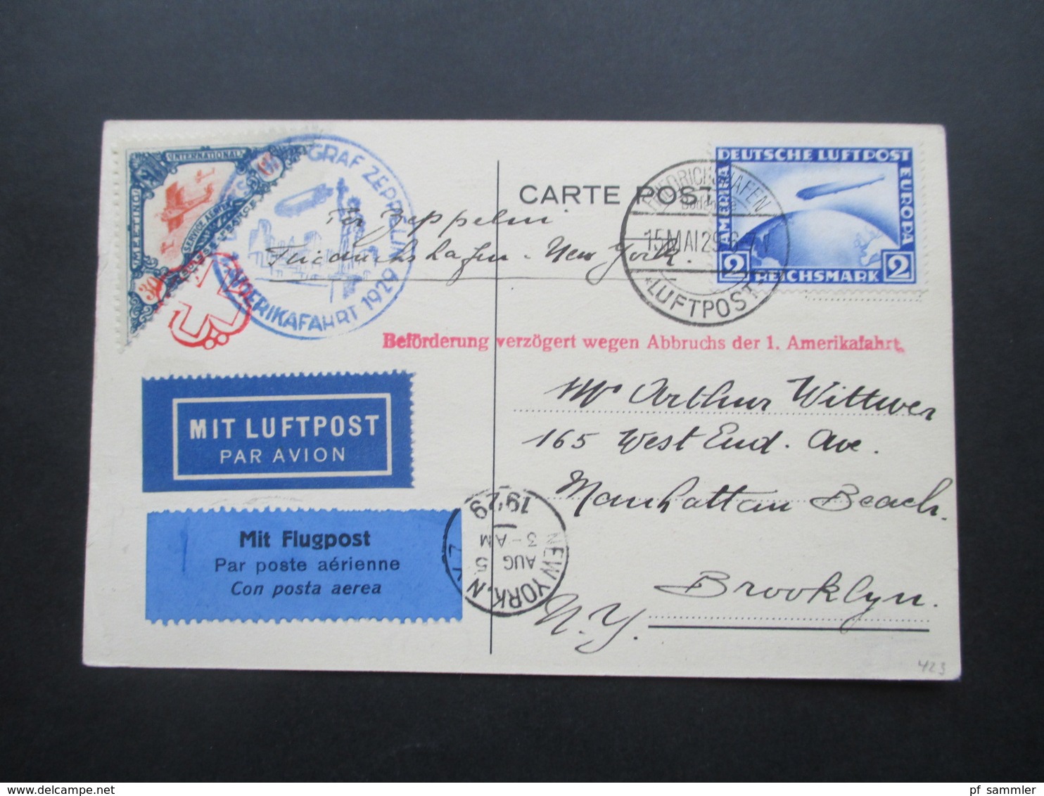 DR 1929 Graf Zeppelin Nr. 423 EF Mit Flugpost Nach New York Beförderung Verzögert Wegen Abbruchs Der 1. Amerikafahrt - Briefe U. Dokumente