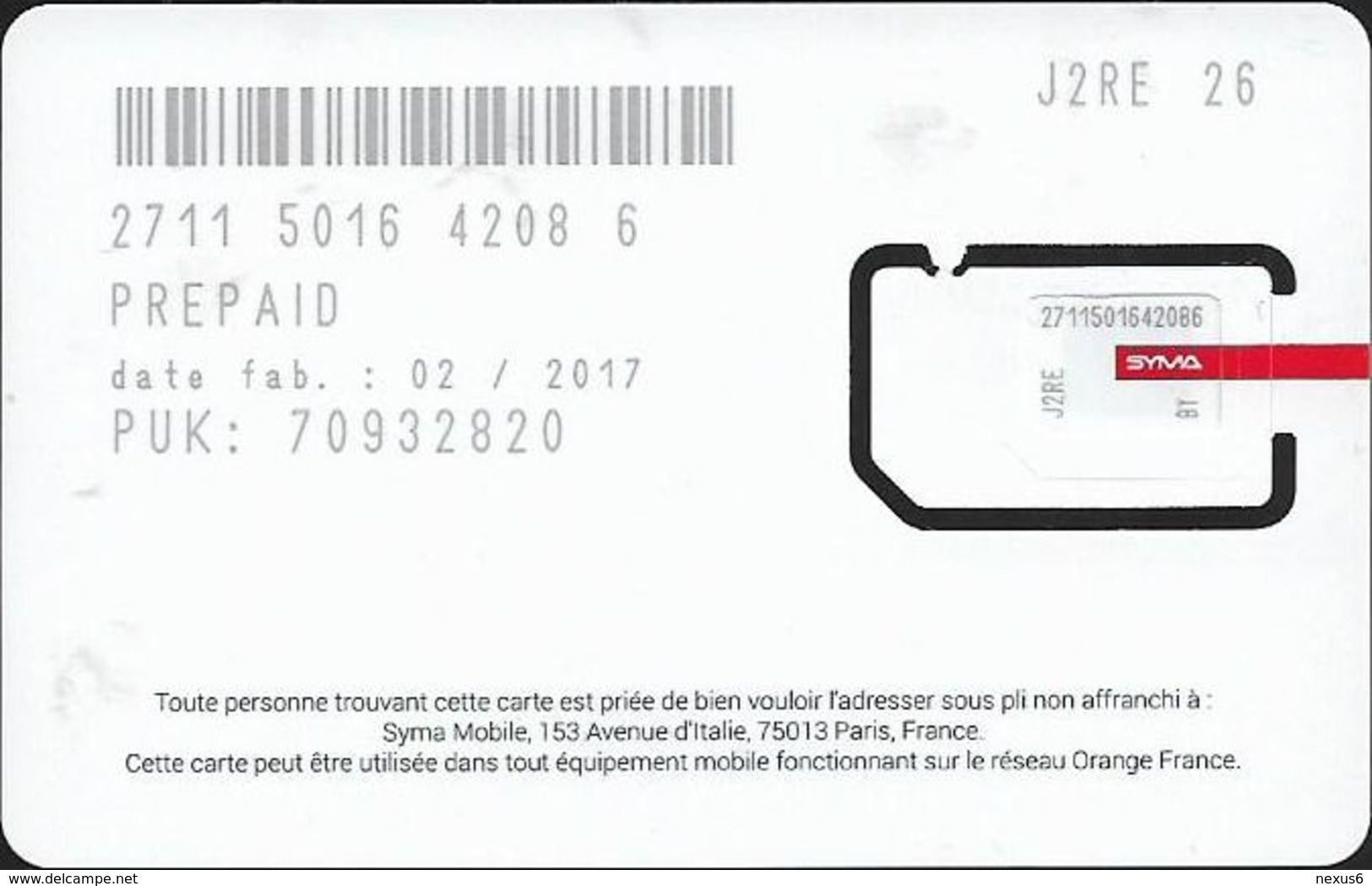 France - SYMA (Small Logo - Silver Chip) - Www.symamobile.com #1, Issue 02.2017, GSM SIM6 Mini/Micro/Nano, Mint - Autres & Non Classés