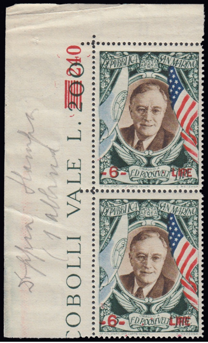 ROOSEVELT - SOPRASTAMPA IN ALBINO. Coppia Verticale Del Francobollo Di Posta Aerea Da 6 Lire Su 5 Lire (n.A71) Che Prese - Airmail