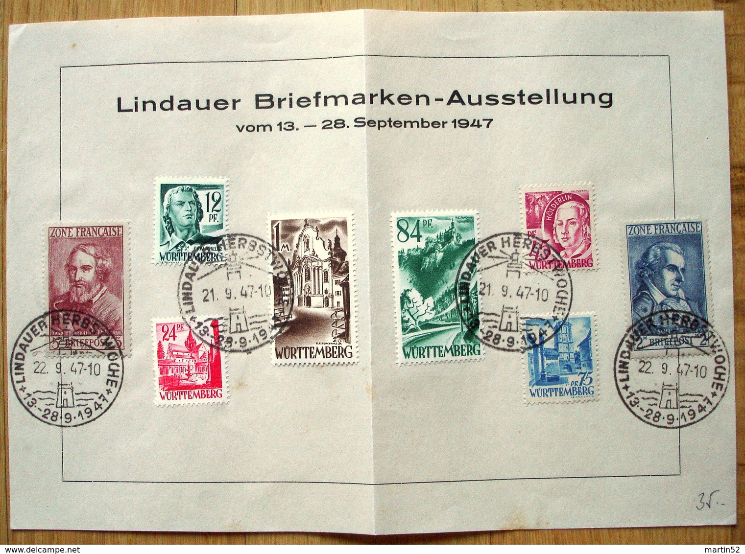 Württemberg 1947: Blatt Mit U.a. ZONE FRANCAISE Mi 12+13 Mit O LINDAUER HERBSTWOCHE 21.9,.47 (Michel 168.00 Euro Für O) - Autres & Non Classés