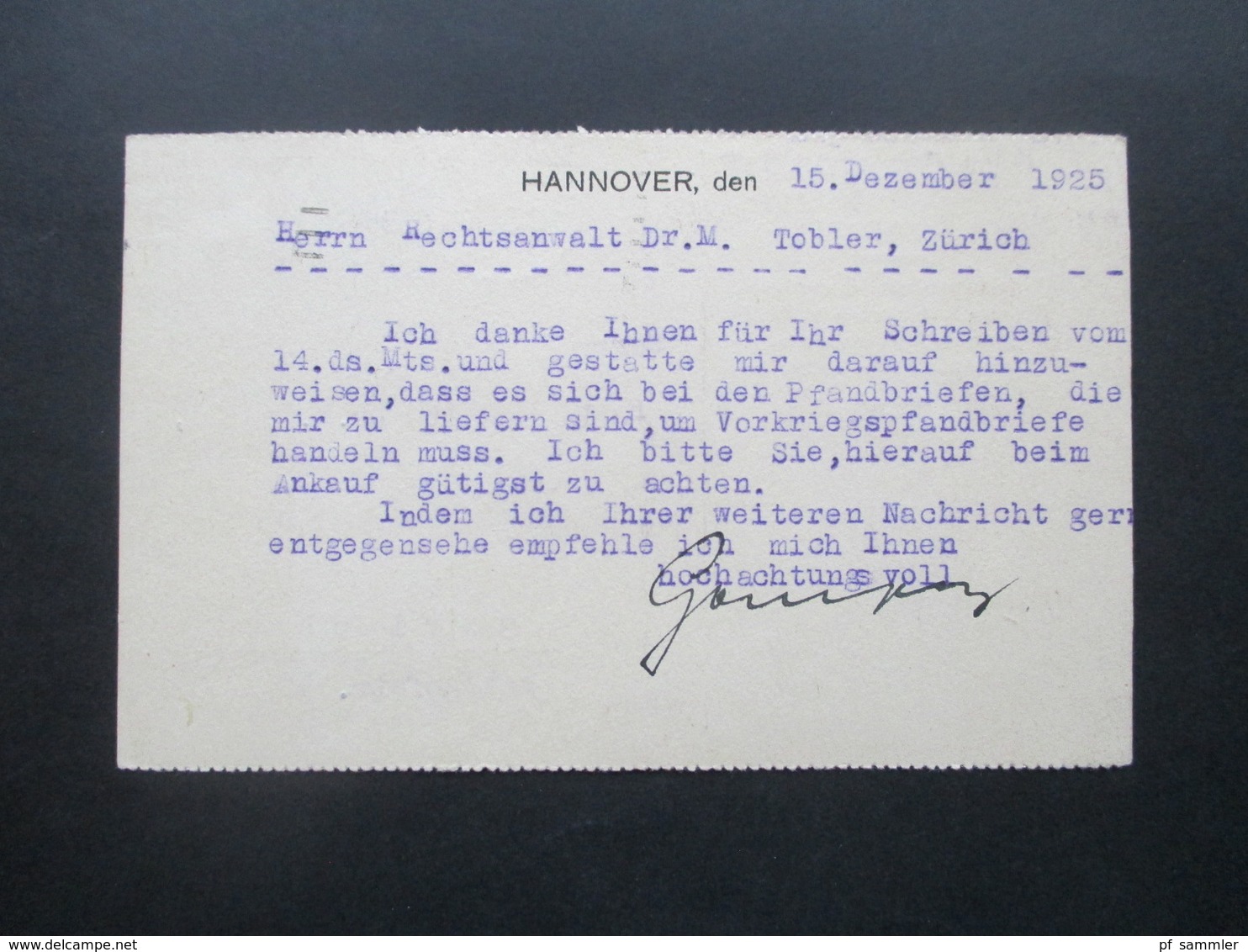 DR 1925 / 26 Reichsadler MiF Mit Perfin / Firmenlochung J. Frank & Co. Hannover Nach Zürich 3 Firmenkarten - Briefe U. Dokumente