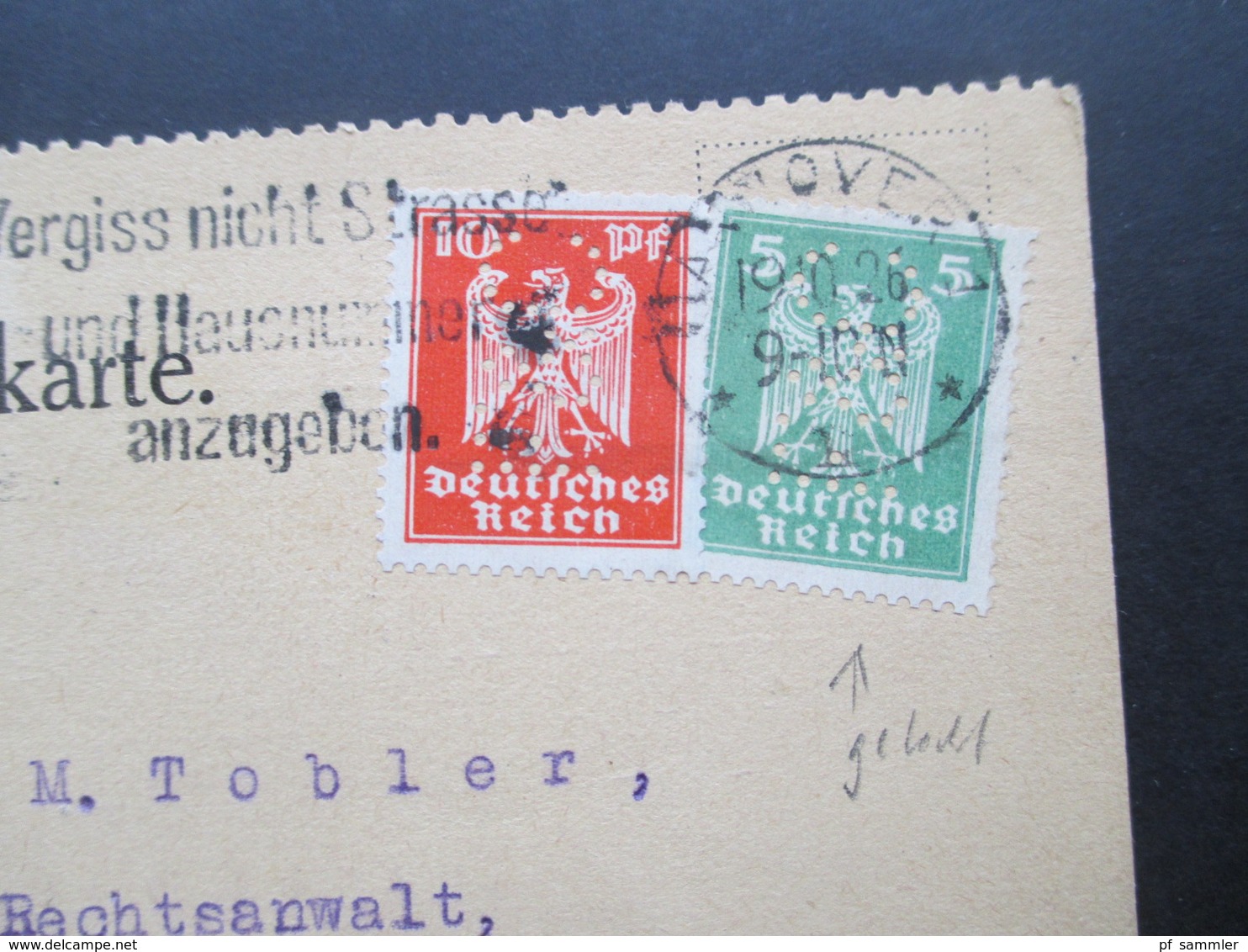 DR 1925 / 26 Reichsadler MiF mit Perfin / Firmenlochung J. Frank & Co. Hannover nach Zürich 3 Firmenkarten