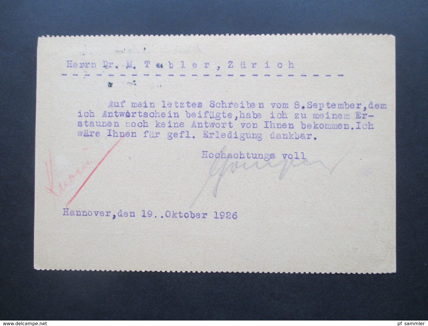 DR 1925 / 26 Reichsadler MiF mit Perfin / Firmenlochung J. Frank & Co. Hannover nach Zürich 3 Firmenkarten