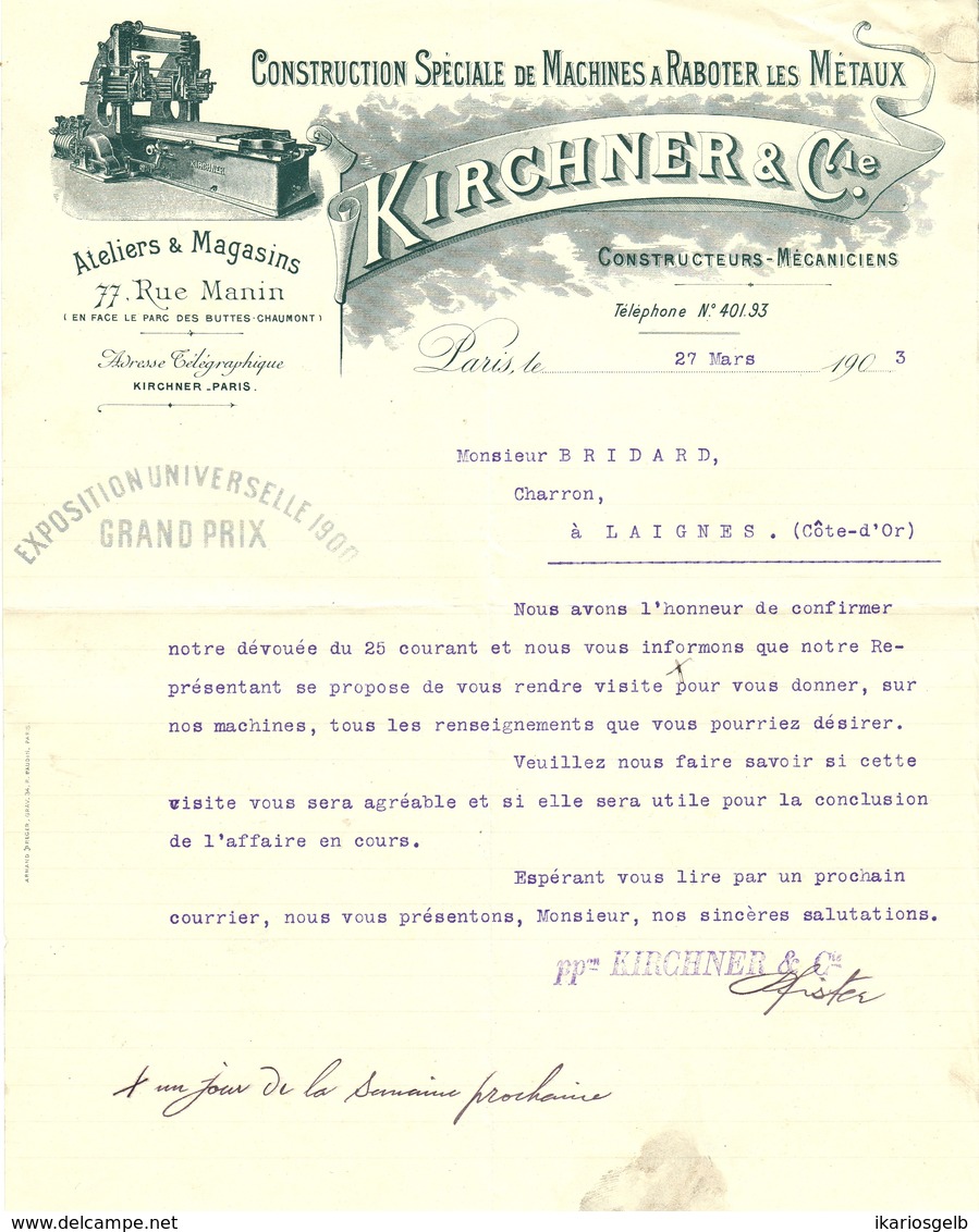 Facture Decorative 1903 Paris ( Seine ) " KIRCHNER & Cie Construction Speciale De Machines A Raboter Les Metaux " - Transports