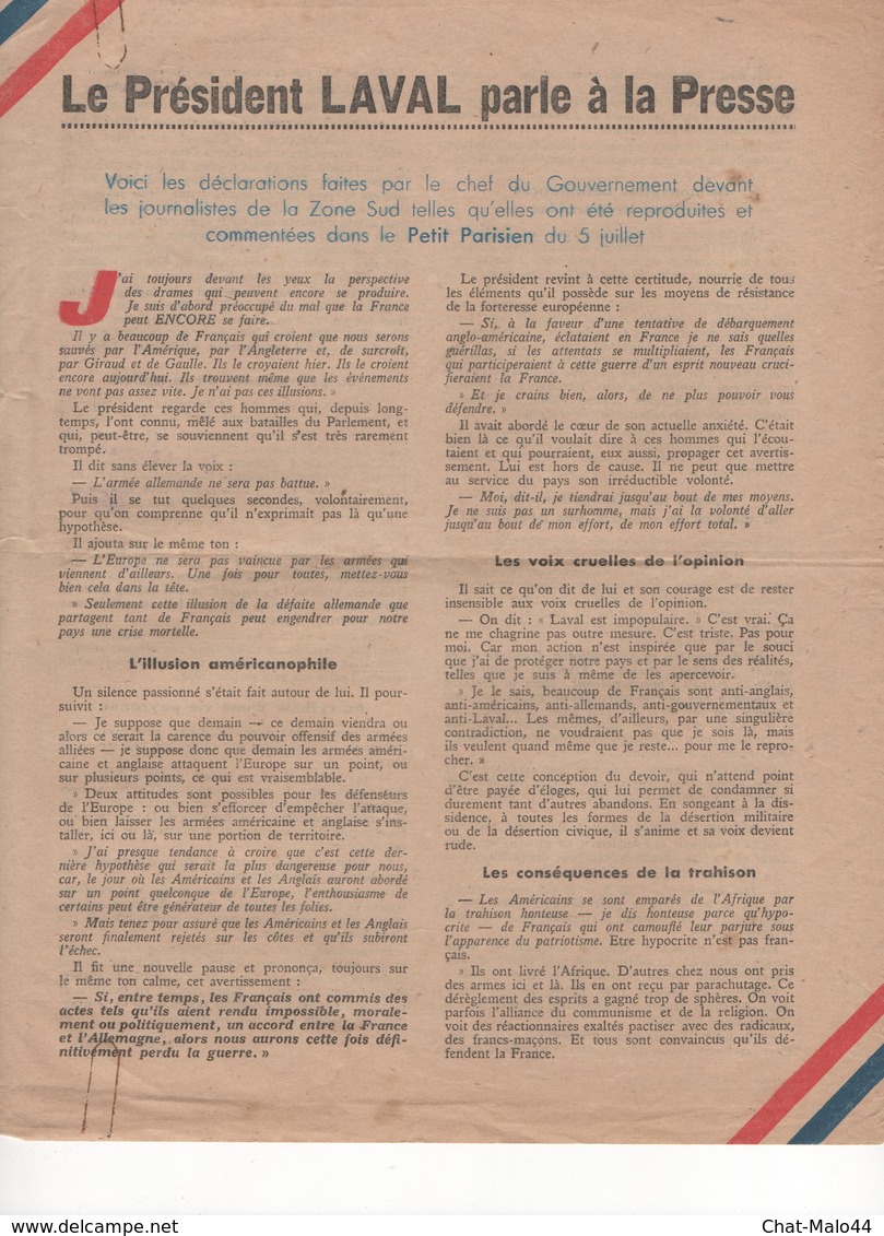 WW2 - Le Président Laval Parle à La Presse. Juillet 1943. Document De 2 Pages - Historical Documents