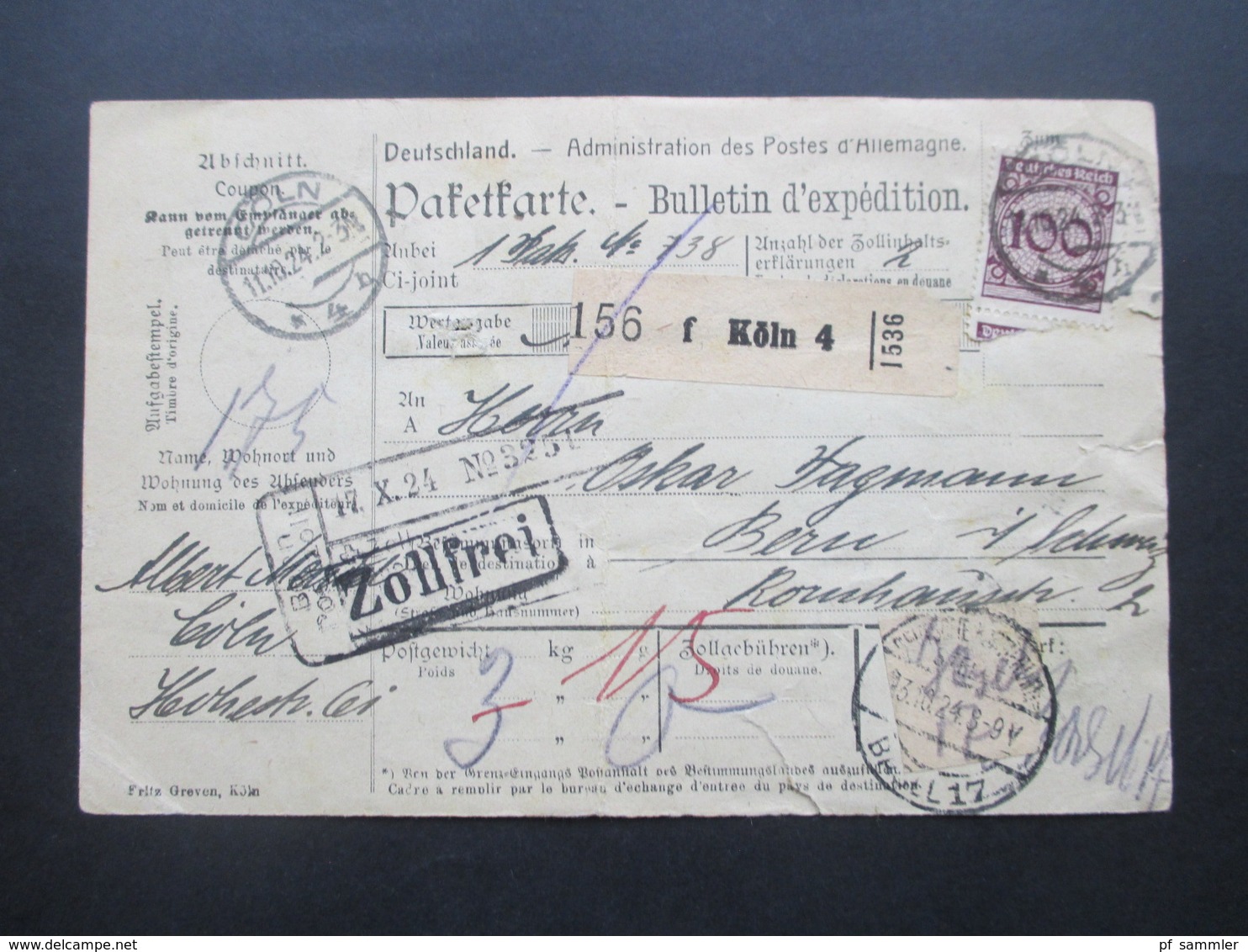 DR 1924 Paketkarte Cöln - Bern Schweiz Mit MiF Reichsadler Unterrand Und Korbdeckel Nr. 343 Zollfrei - Briefe U. Dokumente