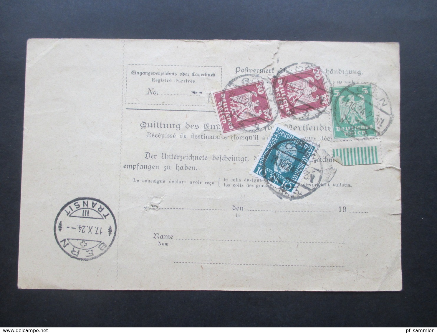 DR 1924 Paketkarte Cöln - Bern Schweiz Mit MiF Reichsadler Unterrand Und Korbdeckel Nr. 343 Zollfrei - Briefe U. Dokumente