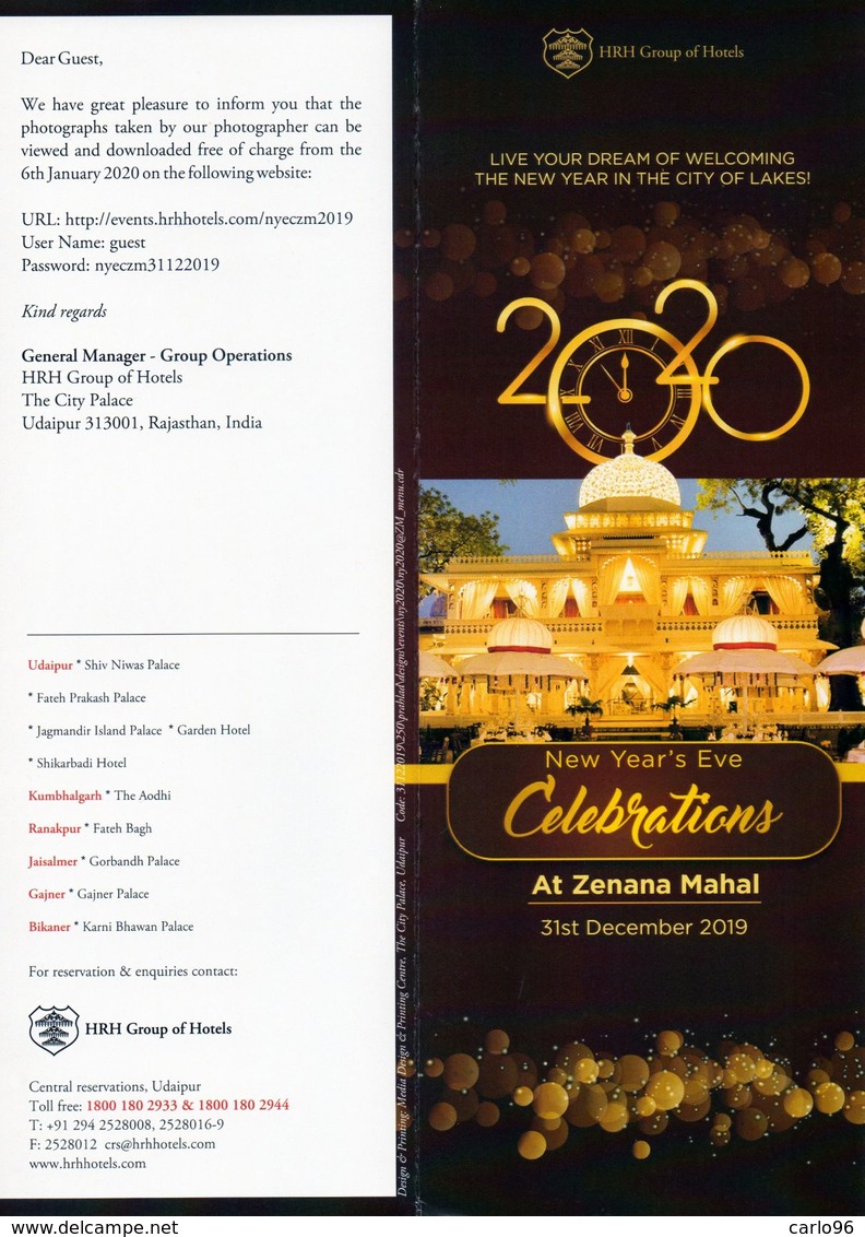 2019 / 2020  INDIA UDAIPUR MARAJA THE CITY PALACE MENU' RRR - Neujahr