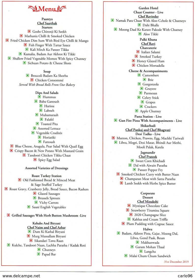 2019 / 2020  INDIA UDAIPUR MARAJA THE CITY PALACE MENU' RRR - New Year