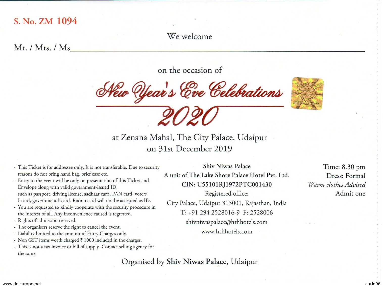 2019 / 2020 INDIA UDAIPUR MARAJA THE CITY PALACE BIGLIETTO D'INVITO RRR - Nouvel An