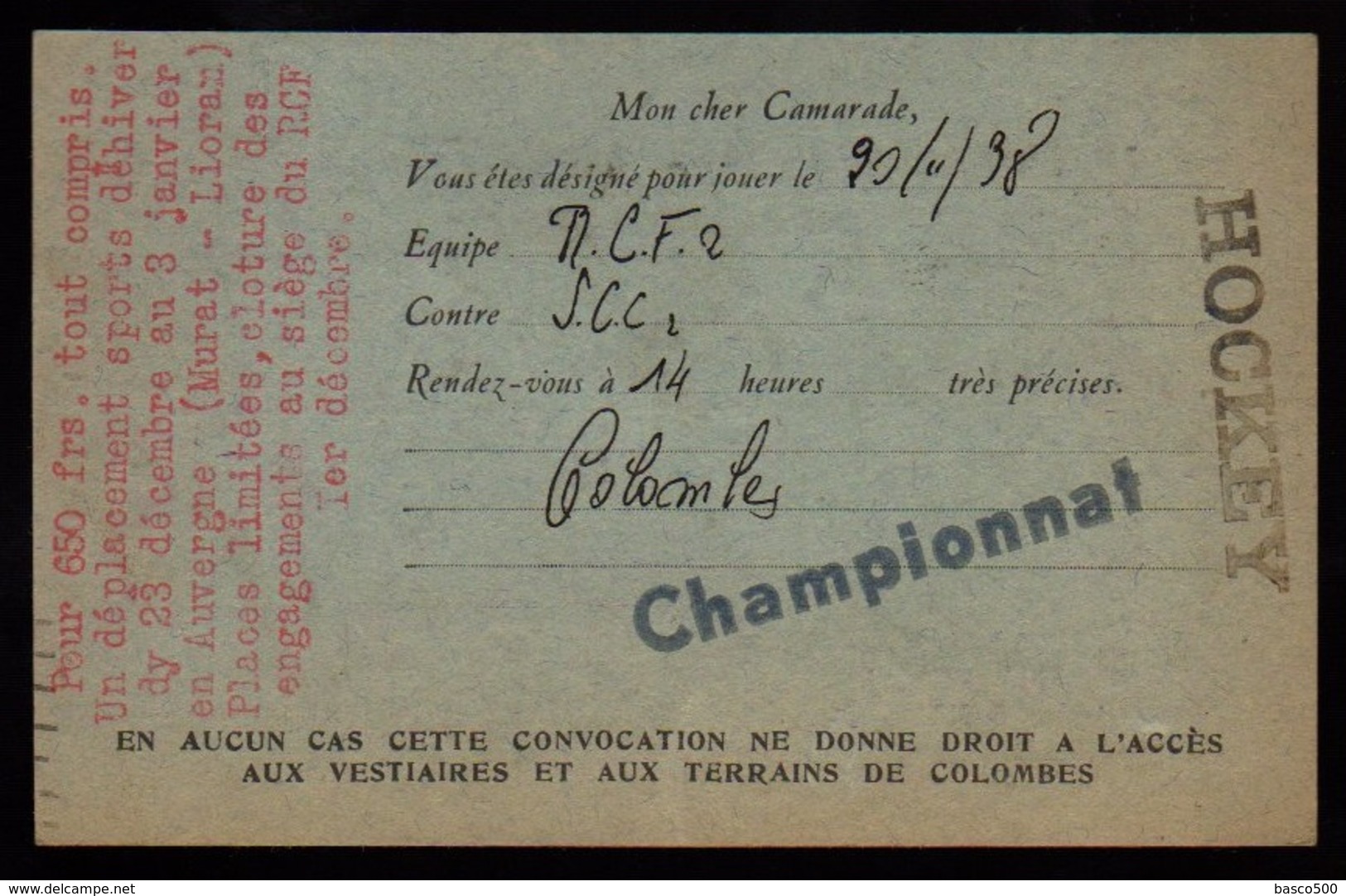 1938 Championnat Hockey. EMA Du "RACING CLUB De FRANCE" Sur CONVOCATION URGENTE + Pub Voyage - Clubs Mythiques