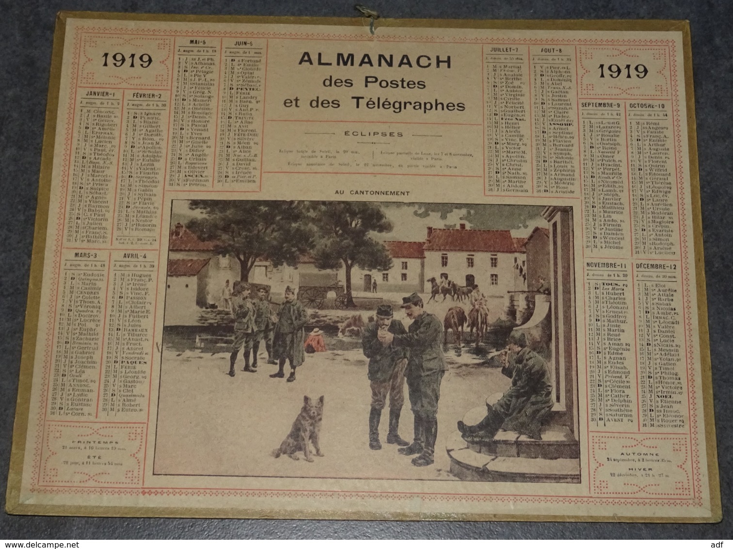 CALENDRIER ALMANACH DES POSTES ET TELEGRAPHES ANNEE 1919, ILLUSTRATION SCENE MILITAIRE " AU CANTONNEMENT ", SOLDATS - Tamaño Grande : 1901-20