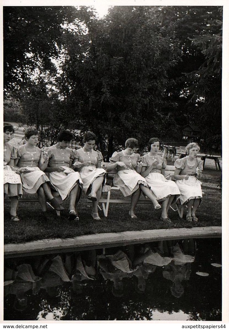 Photo Originale A Manger ! Gourmand & Serveuses Gourmandes Alignées Pour Pause Repas Et Reflet Dans Un Bassin En 1961/62 - Pin-up