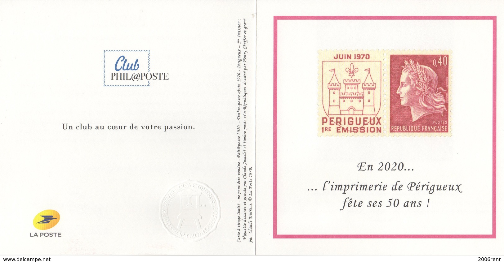 ENCART  VOEUX DE LA POSTE 2020 Périgueux Fête Ses 50 Ans VOIR SCAN RECTO/VERSO - Sonstige & Ohne Zuordnung