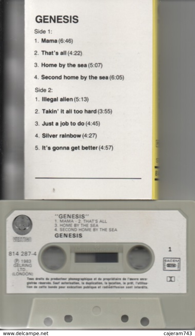 K7 Audio. GENESIS. - 9 Titres - Mama, Illegal Alien, That's All, Silver Rainbow - Cassettes Audio