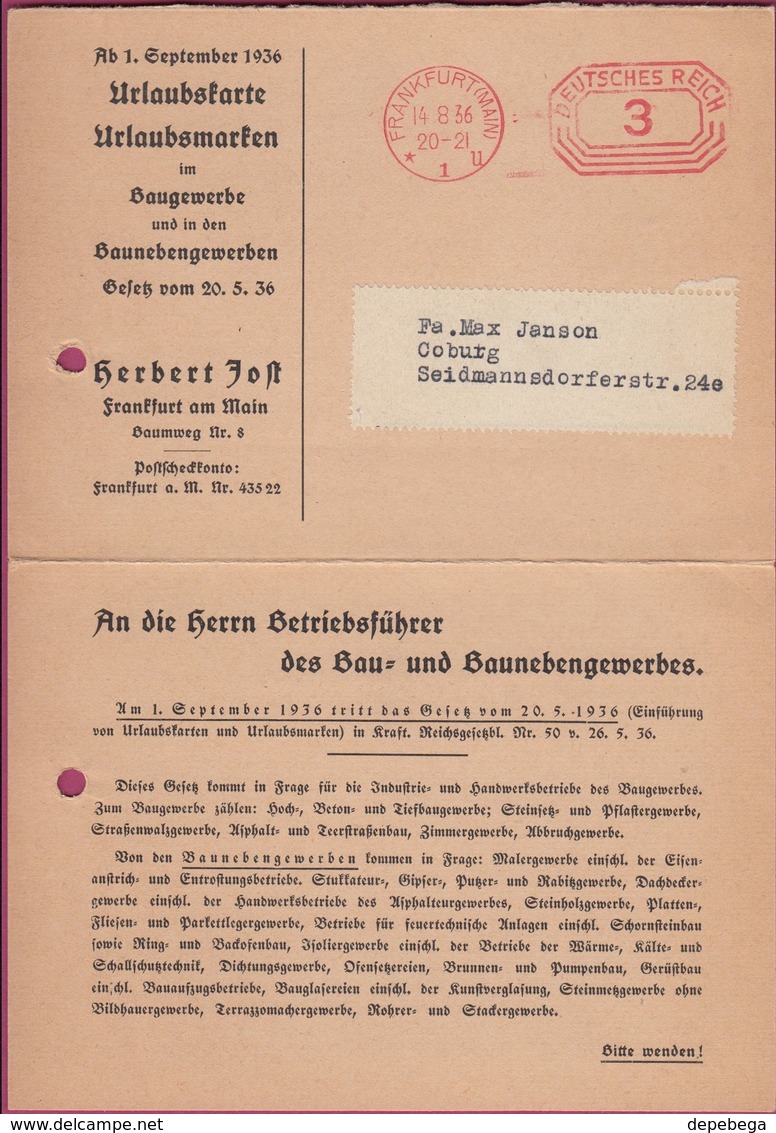 Germany - Urlaubskarte Urlaubsmarken. Freistempel, Frankfurt 14.6.1936 - Coburg. - Covers & Documents