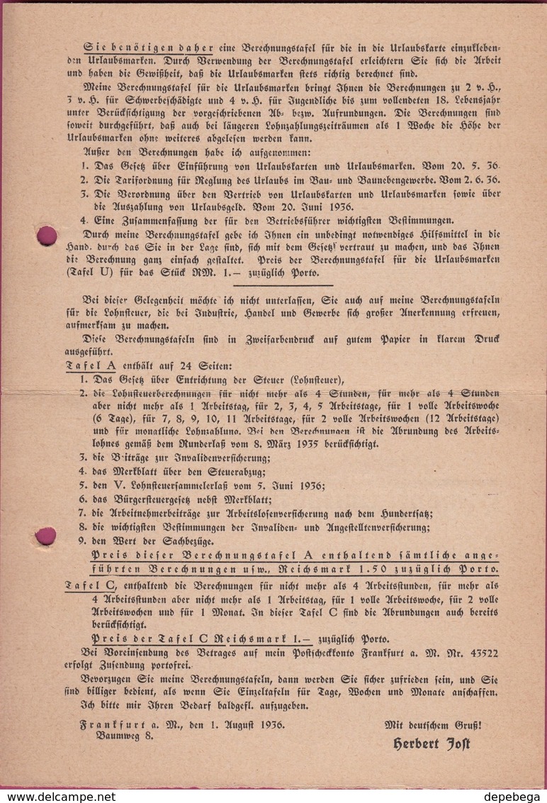 Germany - Urlaubskarte Urlaubsmarken. Freistempel, Frankfurt 14.6.1936 - Coburg. - Covers & Documents