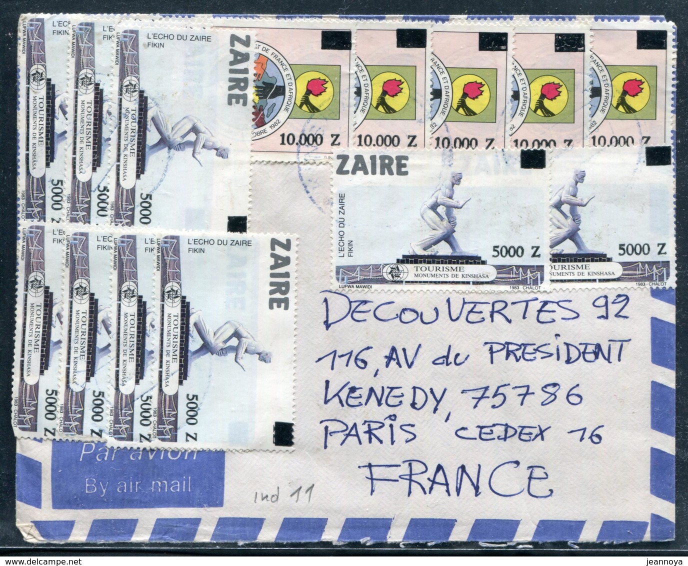 ZAIRE - N° 1349 (9) + 1350 (5) / LETTRE AVION DE KINSHASA LE 9/3/1992 POUR PARIS - TB - Usati