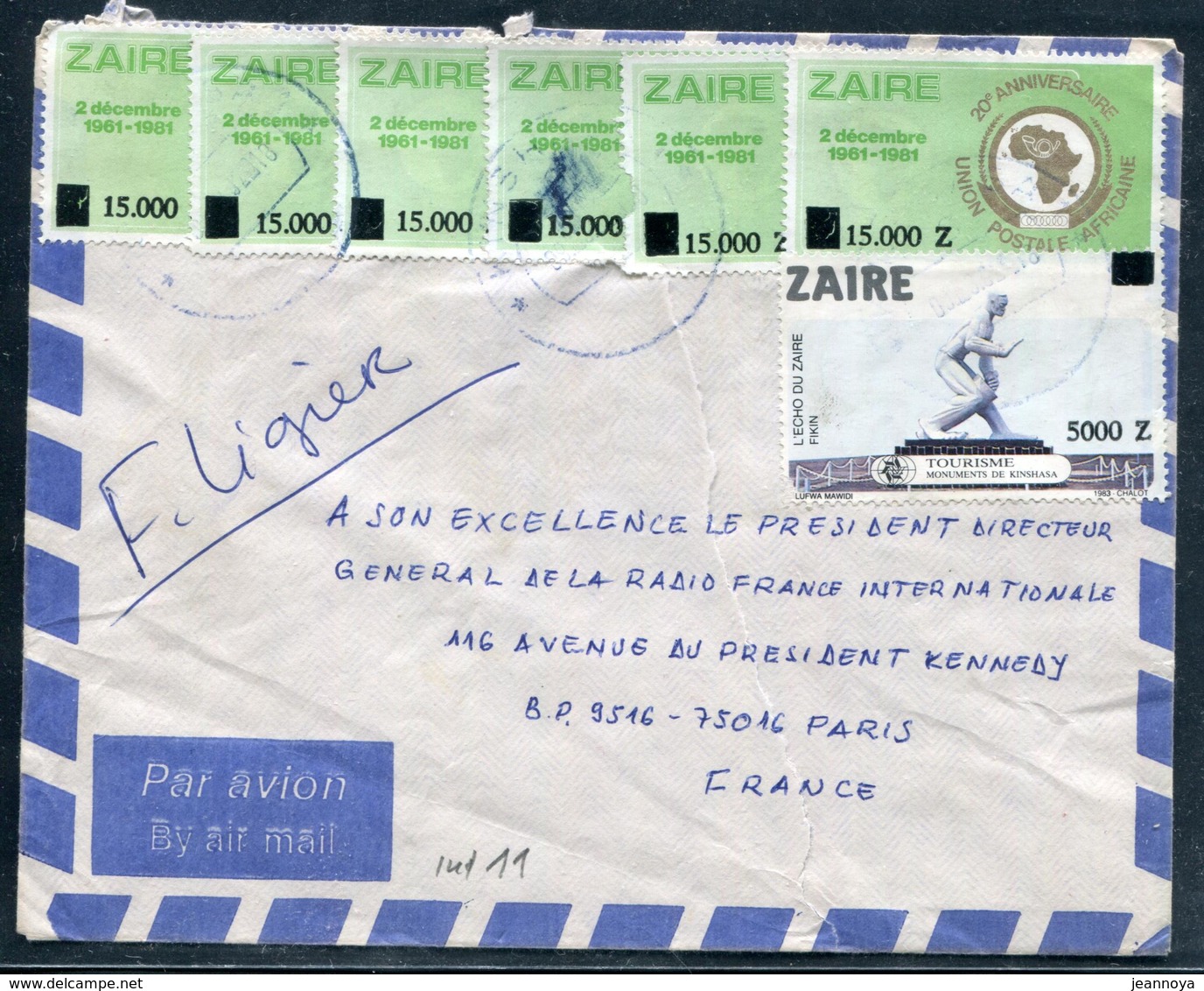 ZAIRE - N° 1349 + 1351 (6) / LETTRE AVION DE KINSHASA LE 9/8/1992 POUR PARIS - PD MAIS RARE - Usados