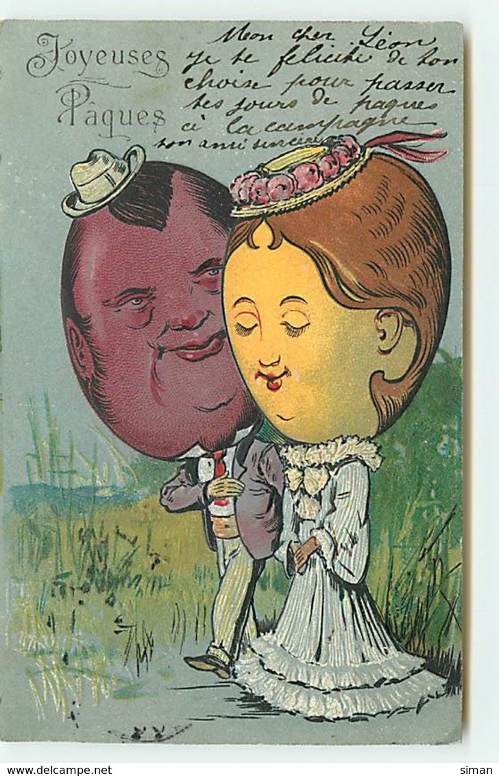 N°14135 - Surréalisme - Carte Gaufrée - Joyeuses Pâques - Couple Avec Des Têtes D'oeufs Se Promenant - Easter