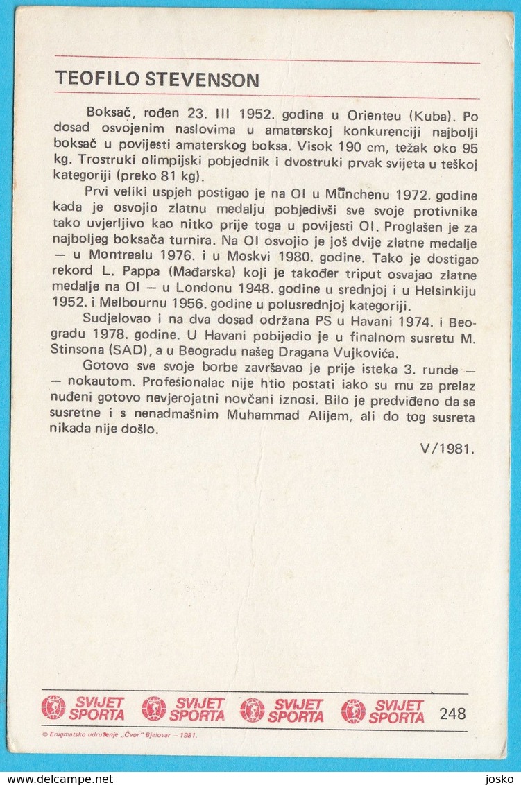 TEOFILO STEVENSON (Cuba) - Yugoslavia Vintage Card Svijet Sporta * Boxing Boxe Boxeo Boxen Pugilato Boksen - Trading-Karten