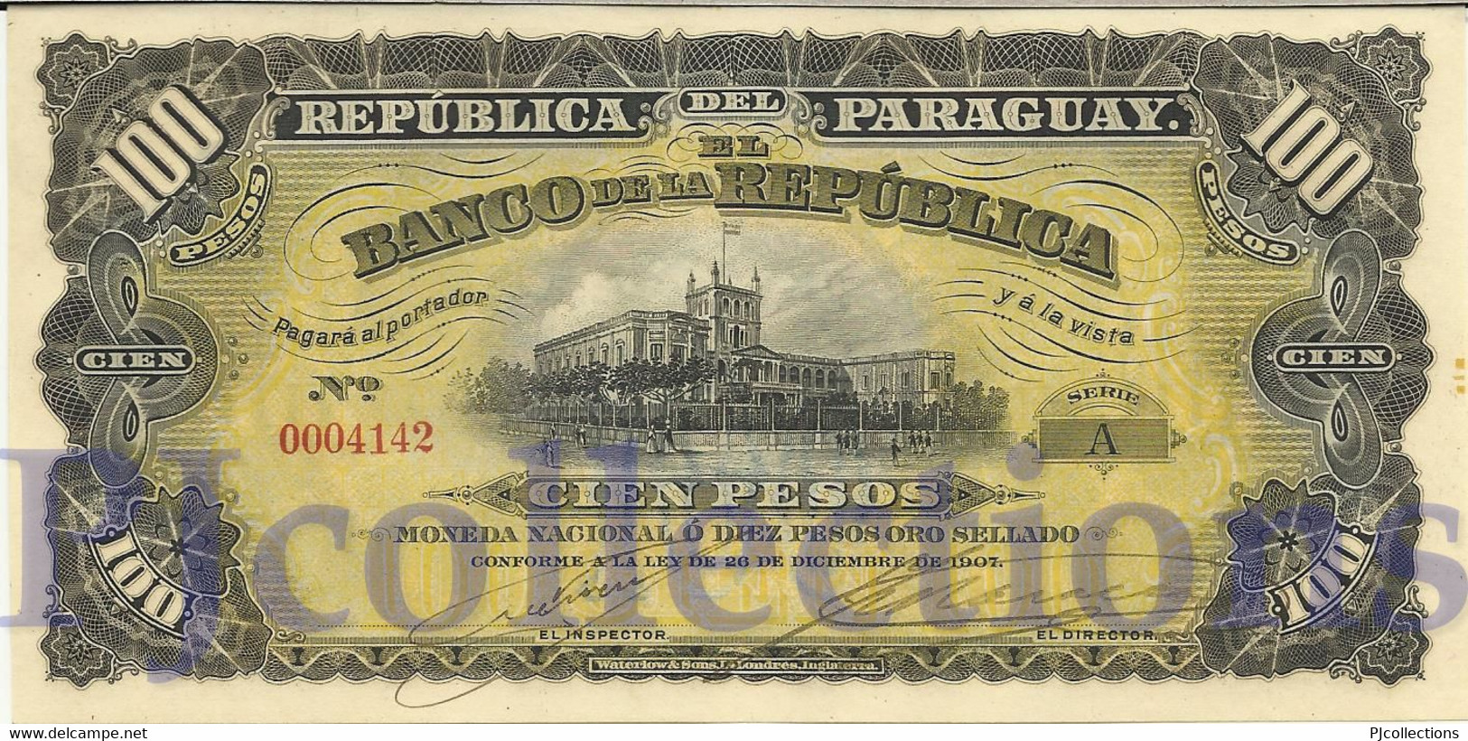 PARAGUAY 100 PESOS ORO 1907 PICK 159 UNC LOW SERIAL 00041** - Paraguay